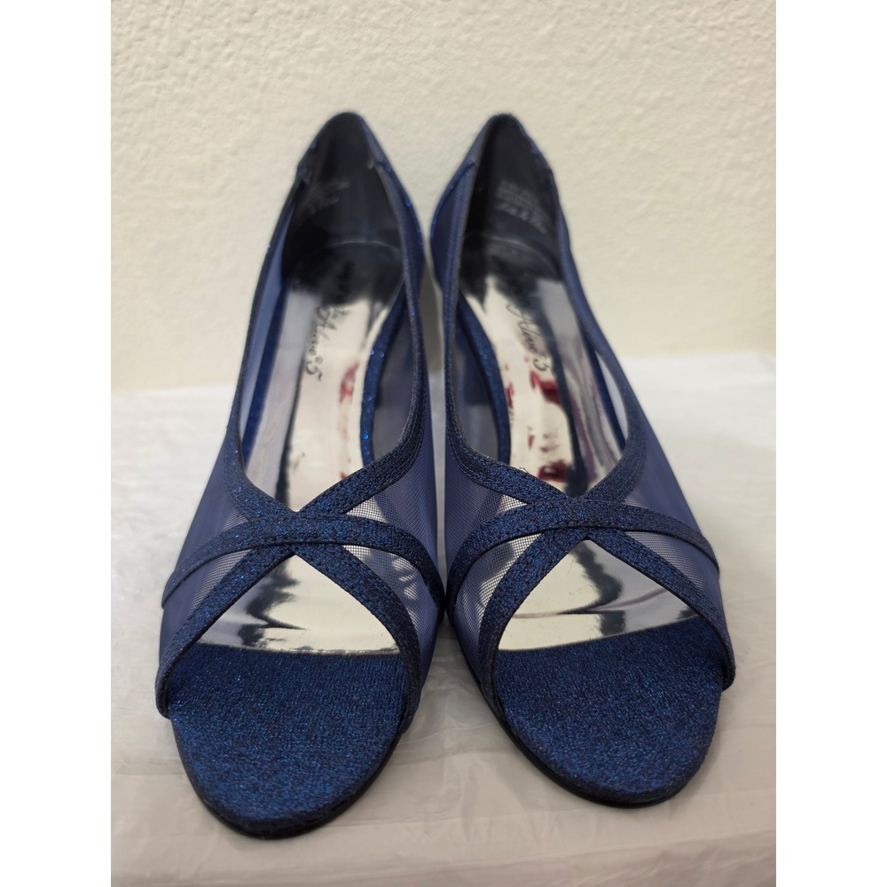 Easy Street Alive 5 Navy Blue Glitter Mesh Peep Toe Kitten Heel Pumps 9W 31-7899